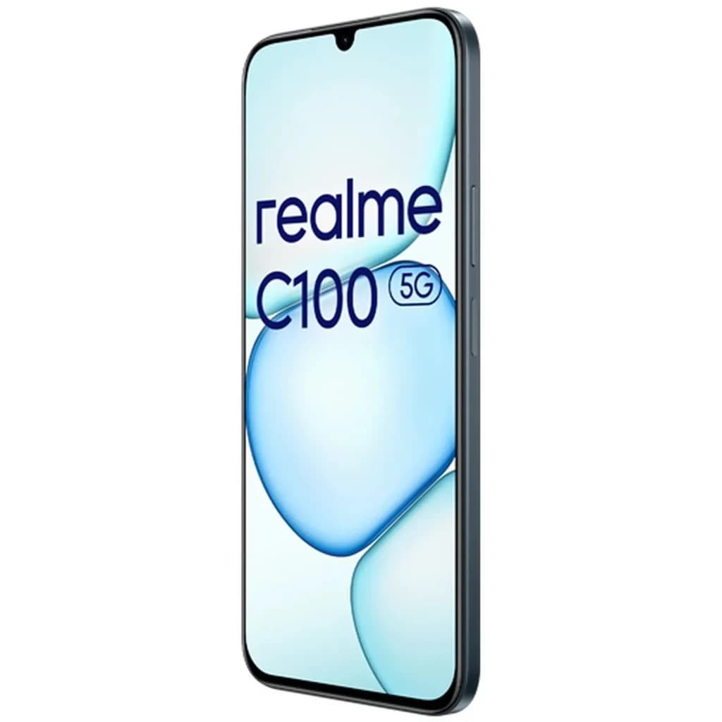 Smartphone Realme C100 5G verde com tela grande de bordas finas, notch em gota, corpo elegante e acabamento fosco; módulo de câmera traseira duplo discreto
