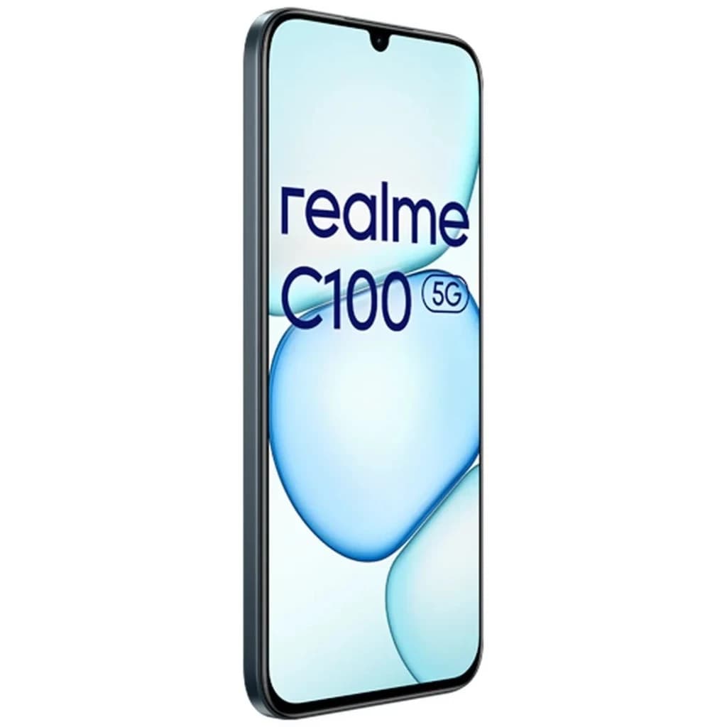 Realme C100 5G verde com tela ampla de bordas finas, notch em gota e lateral metálica delgada; design moderno que destaca o logo na frente