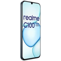 Realme C100 5G verde com tela ampla de bordas finas, notch em gota e lateral metálica delgada; design moderno que destaca o logo na frente