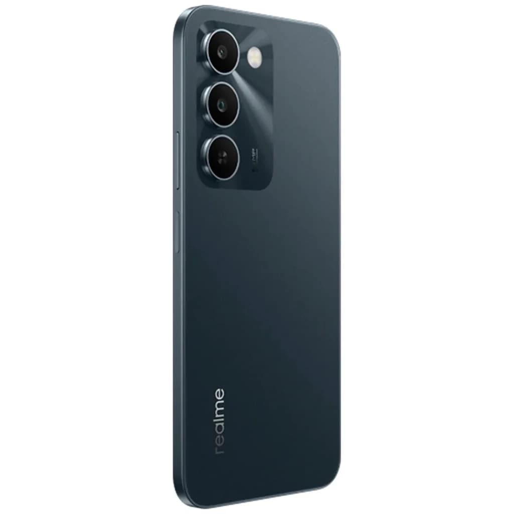 Smartphone verde Realme C100 5G com traseira brilhante, módulo retangular e três câmeras destacadas, lente principal 50 MP; design fino e moderno