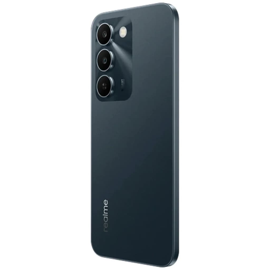 Smartphone Realme C100 5G verde com módulo traseiro de três câmeras em destaque, sensor principal 50 MP, acabamento fosco e bordas retas elegantes