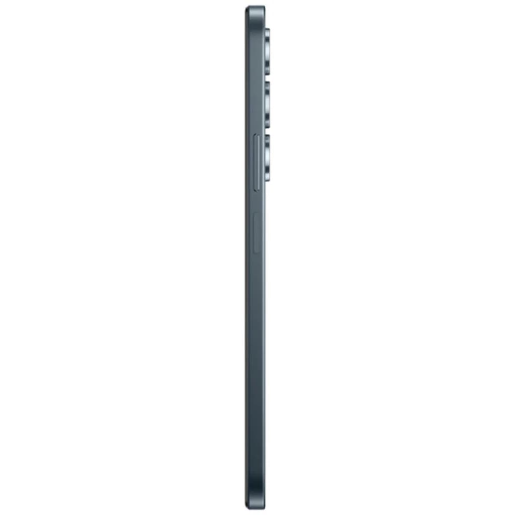 Lateral do Realme C100 5G verde com perfil fino, botões de volume e energia visíveis e módulo de câmeras saliente na traseira