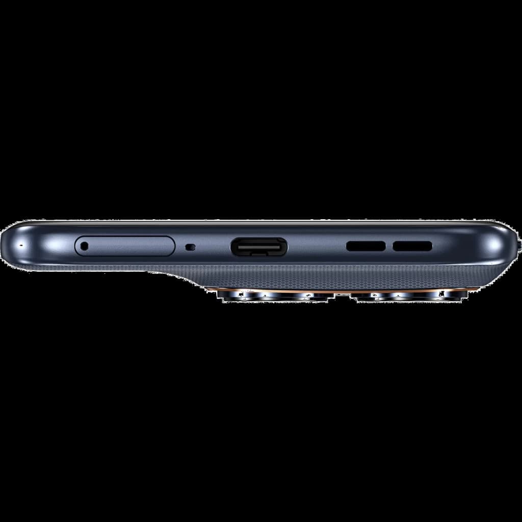 Borde inferior del Motorola Moto Edge 70 Fusion en color Silhouette con puerto USB-C, ranura SIM y doble módulo de cámara trasera sobresaliente