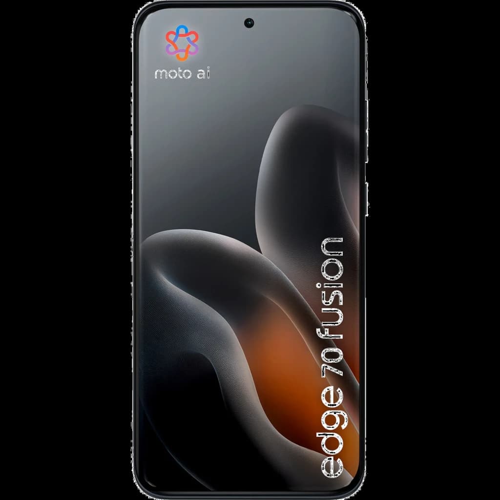 Pantalla pOLED curva del Motorola Moto Edge 70 Fusion, frontal casi sin bordes con perforación central para cámara y texto edge 70 fusion en el lateral