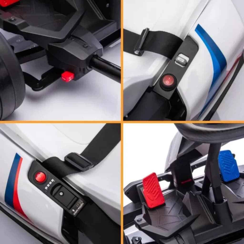 Detalles del BMW Go Kart 24V blanco: carrocería con franjas M, asiento ajustable, pedales rojo y azul, cinturón de seguridad, botón de encendido y selector