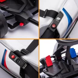 Detalles del BMW Go Kart 24V blanco: carrocería con franjas M, asiento ajustable, pedales rojo y azul, cinturón de seguridad, botón de encendido y selector