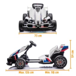 BMW Go Kart 24V blanco para niños, estilo deportivo M, asiento ajustable, volante y pedales, llantas grises con detalles naranjas, 73 cm ancho, 98-126 cm largo