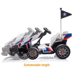 BMW Go Kart 24V blanco con asiento ajustable, chasis extensible, volante deportivo, llantas de aleación, detalles M y bandera BMW; velocidad hasta 12 km/h