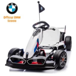 BMW Go Kart 24V blanco con licencia oficial, asiento ajustable, volante deportivo, bandera trasera, detalles M tricolor y llantas anchas; velocidad hasta 12