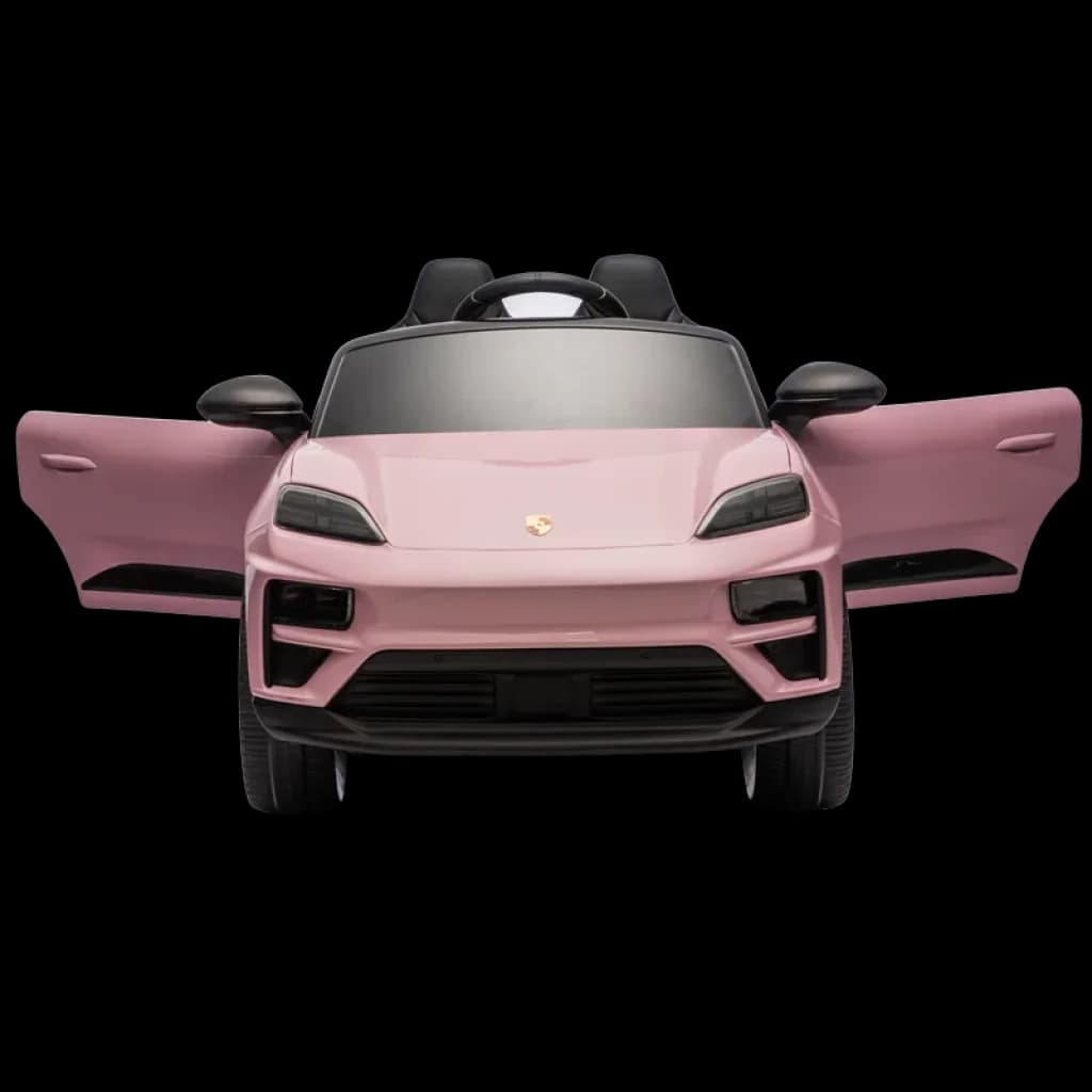 Carro elétrico infantil Porsche Macan rosa 12V licenciado, portas abertas, faróis LED, assentos duplos pretos e volante esportivo, controle parental 2.4G