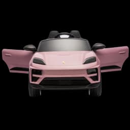 Carro elétrico infantil Porsche Macan rosa 12V licenciado, portas abertas, faróis LED, assentos duplos pretos e volante esportivo, controle parental 2.4G