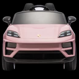 Frente do Porsche Macan rosa infantil 12V licenciado, faróis LED duplos, grade esportiva, volante preto e emblema central; inclui comando parental 2.4G