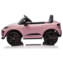 Porsche Macan rosa infantil 12V licenciado, estilo SUV, rodas esportivas pretas com detalhes vermelhos, bancos duplos, volante e acabamento realista