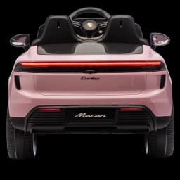 Traseira do Porsche Macan rosa infantil 12V: farol traseiro LED contínuo, emblema Turbo, bancos duplos pretos, volante com logo e rodas largas esportivas