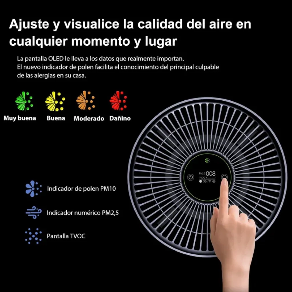 Purificateur d’air Smartmi Air Purifier 2 cylindrique en gris foncé avec grille supérieure radiale et corps perforé à 360°, base claire et design minimaliste - Ítem8