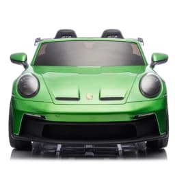 Porsche 911 GT3 infantil 12V en verde metálico, frontal deportivo con faros LED, parrilla ancha y asientos dobles GT3; batería 10Ah para mayor autonomía