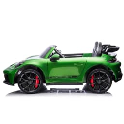 Coche eléctrico infantil Porsche 911 GT3 verde 12V, carrocería brillante, llantas negras con pinzas rojas, asiento doble, alerón trasero y detalles