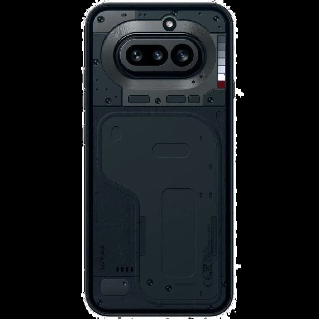 Nothing Phone 4a 5G preto com traseira transparente, módulos de câmera dupla horizontais, LEDs decorativos e design industrial minimalista