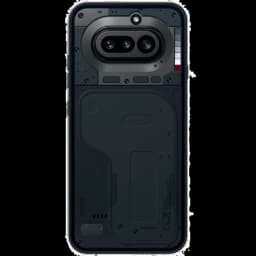 Nothing Phone 4a 5G preto com traseira transparente, módulos de câmera dupla horizontais, LEDs decorativos e design industrial minimalista