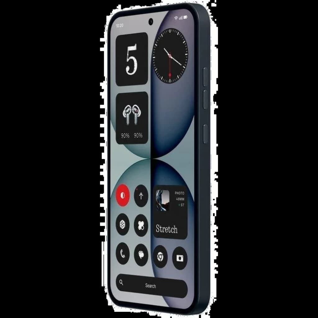 Nothing Phone 4a 5G preto com tela cheia de ícones, bordas retas foscas, furo central para câmera frontal e botões laterais de volume e energia