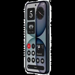 Nothing Phone 4a 5G preto com tela cheia de ícones, bordas retas foscas, furo central para câmera frontal e botões laterais de volume e energia