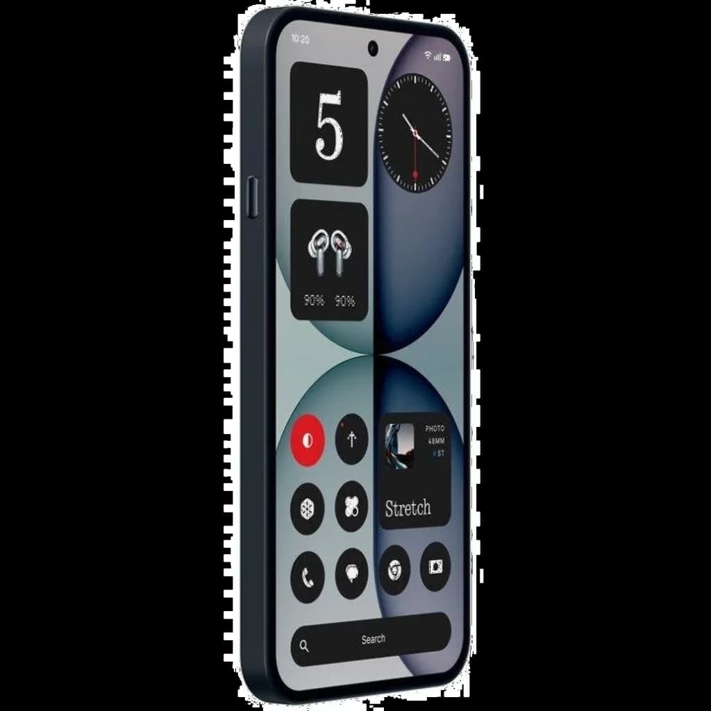 Nothing Phone 4a 5G preto com tela cheia e bordas finas, câmera frontal em furo central, laterais retas e módulo de botões discreto na lateral