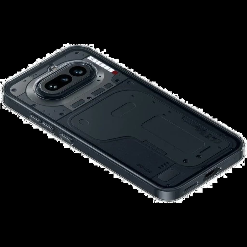 Nothing Phone 4a 5G preto com tampa traseira transparente, módulos visíveis, câmera dupla oval elevada e laterais com botões e porta USB-C