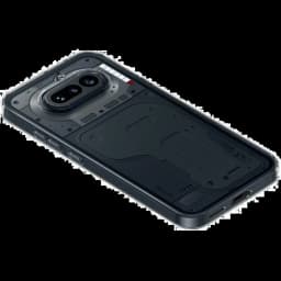 Nothing Phone 4a 5G preto com tampa traseira transparente, módulos visíveis, câmera dupla oval elevada e laterais com botões e porta USB-C