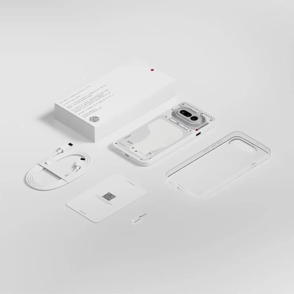 Nothing Phone 4a 5G rosa com traseira transparente, câmera dupla 50 MP, case transparente, cabo USB-C, pin de SIM e embalagem minimalista