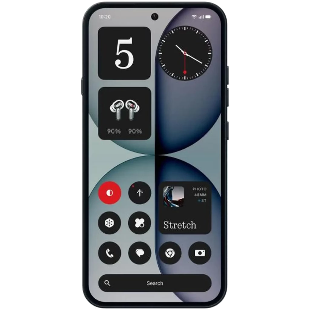 Nothing Phone 4a Pro 5G argent, dos argent brossé avec double caméra proéminente, écran bord fin perforé, interface minimaliste noire et grise - Ítem1