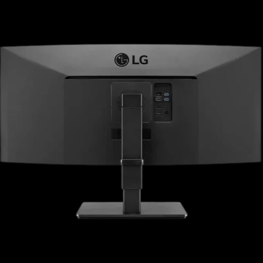Parte trasera del monitor curvo LG 35BN77CP-B.AEU con soporte ajustable, puertos USB, USB-C, RJ45 y acabado negro mate en formato UltraWide 35 pulgadas