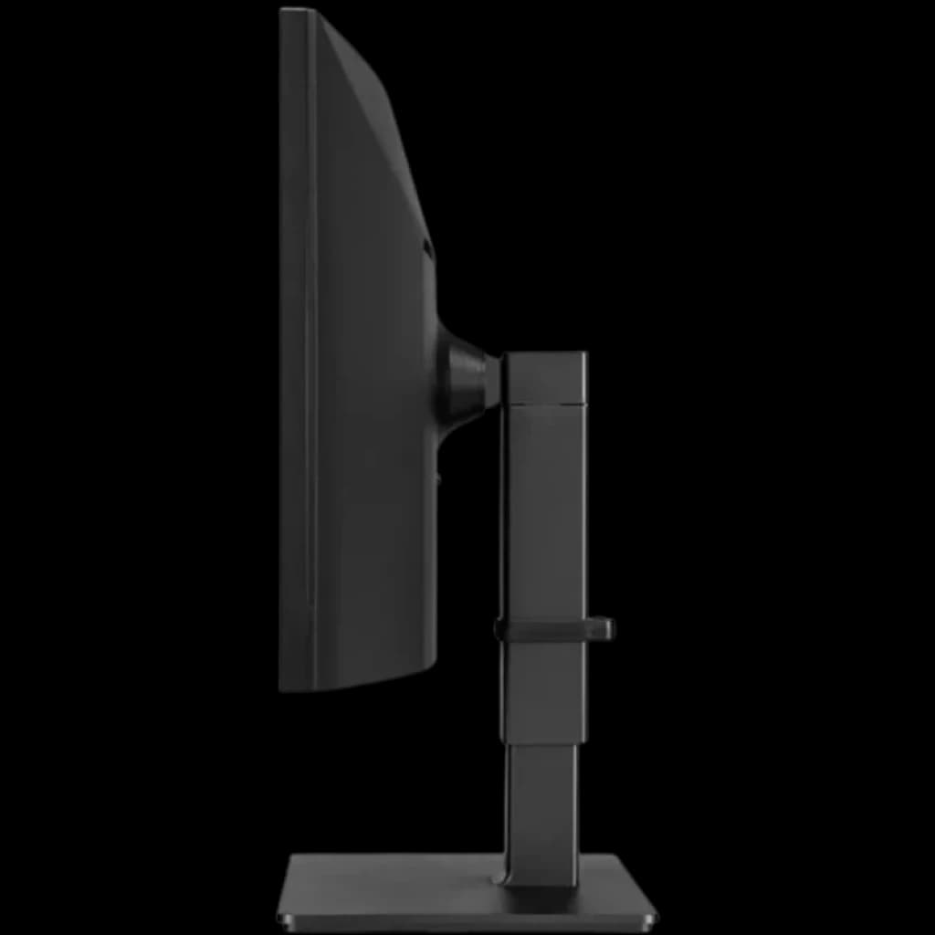 Perfil lateral del monitor curvo LG 35BN77CP-B.AEU con soporte ajustable en altura, bisel delgado y acabado negro mate, base robusta y gestión de cables