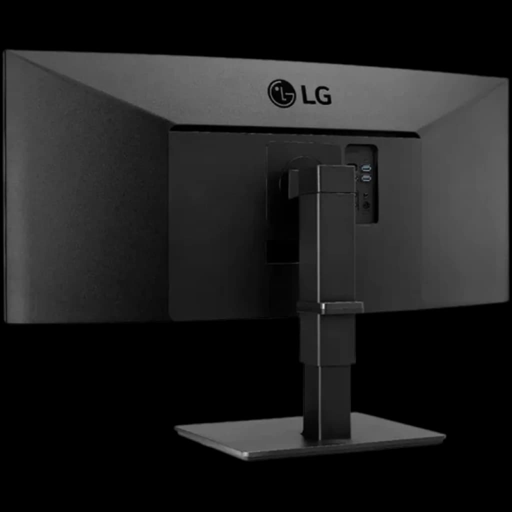 Parte trasera del monitor curvo LG 35BN77CP-B.AEU con soporte ajustable, puertos USB y RJ45 laterales, diseño negro mate y gestión de cables integrada
