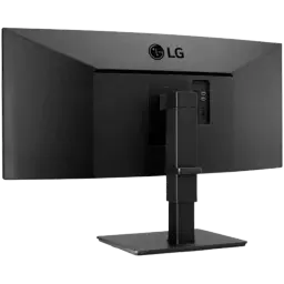 Parte trasera del monitor curvo LG 35BN77CP-B.AEU con soporte ajustable, puertos USB y RJ45 laterales, diseño negro mate y gestión de cables integrada