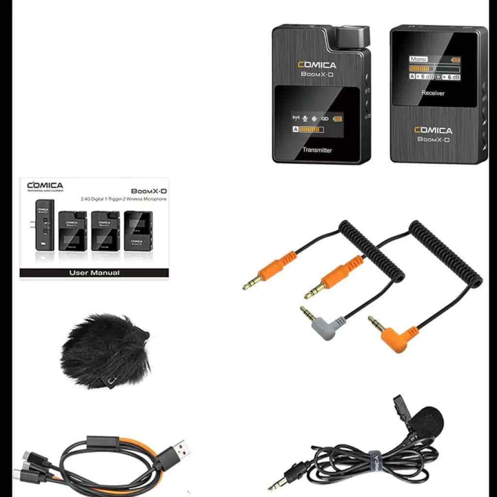 Comica BoomX-D D1 Noir avec émetteur et récepteur compacts, écran OLED, micro cravate, bonnette poilue, câbles TRS/TRRS spiralés et câble USB-C