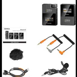 Comica BoomX-D D1 Noir avec émetteur et récepteur compacts, écran OLED, micro cravate, bonnette poilue, câbles TRS/TRRS spiralés et câble USB-C