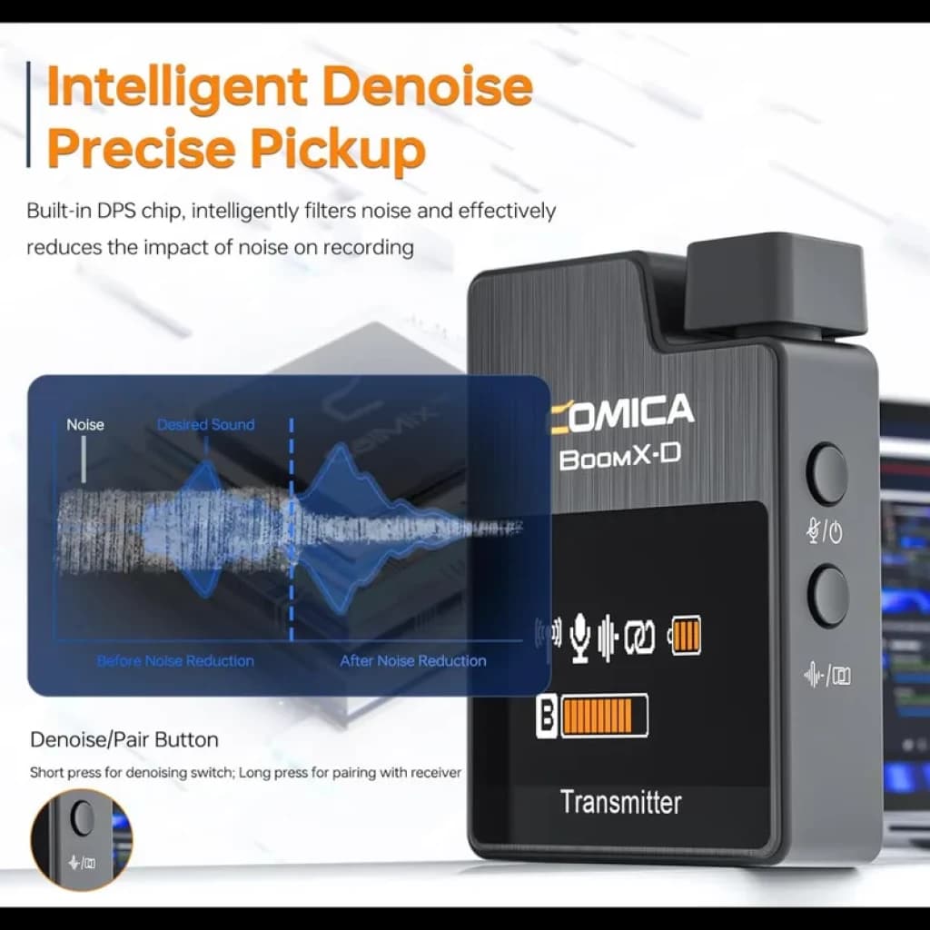 Comica BoomX-D D1 Noir émetteur compact en métal avec écran OLED, bouton pairage, indicateurs audio et port micro; mention Denoise et portée 300 m, latence