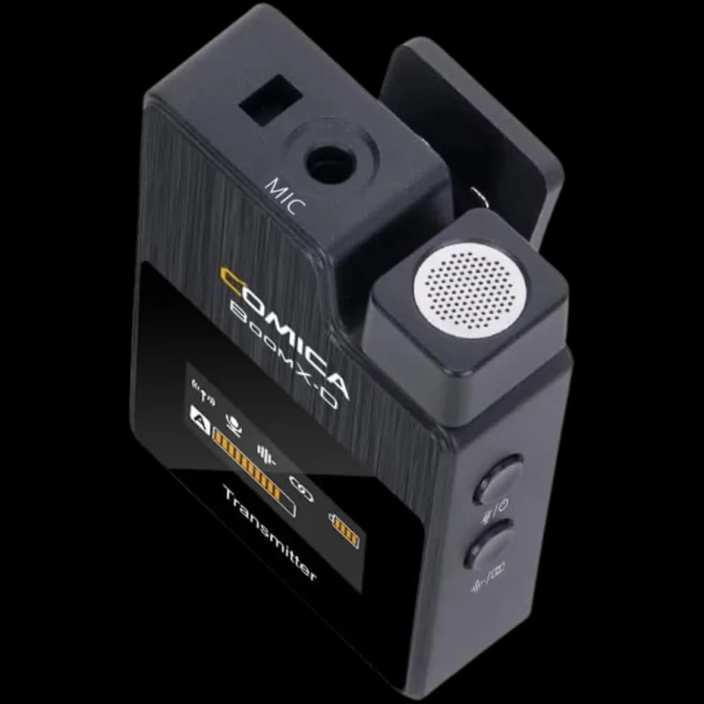 Comica BoomX-D D1 Noir émetteur compact noir, micro intégré à grille métallique, écran OLED avec indicateurs batterie et signal, boutons latéraux et