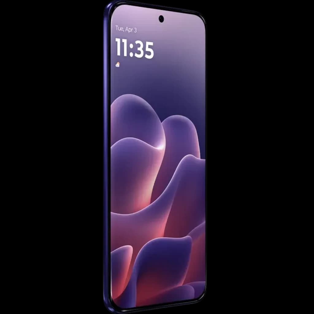 Smartphone azul PANTONE Orient Blue con pantalla pOLED curva 144 Hz casi sin bordes, cámara frontal en orificio central y marco delgado elegante