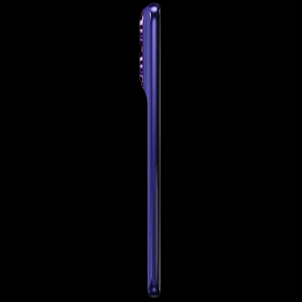 Lateral del Motorola Moto Edge 70 Fusion en color PANTONE Orient Blue, perfil ultradelgado con módulo de cámaras sobresaliente y acabado mate elegante