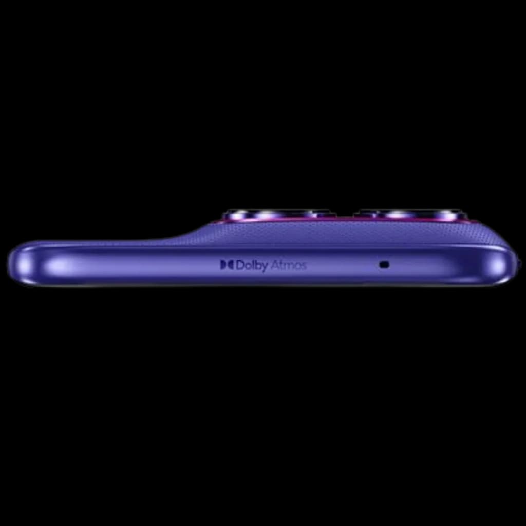 Borde superior en azul PANTONE Orient Blue con textura, módulo de cámaras saliente y conector de micrófono; acabado elegante del Motorola Moto Edge 70 Fusion