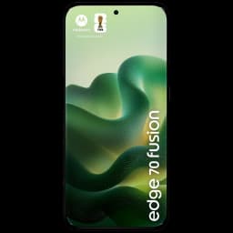 Motorola Moto Edge 70 Fusion verde PANTONE Sporting Green con pantalla curva sin marcos, cámara frontal en orificio central y logotipos Motorola y FIFA en la