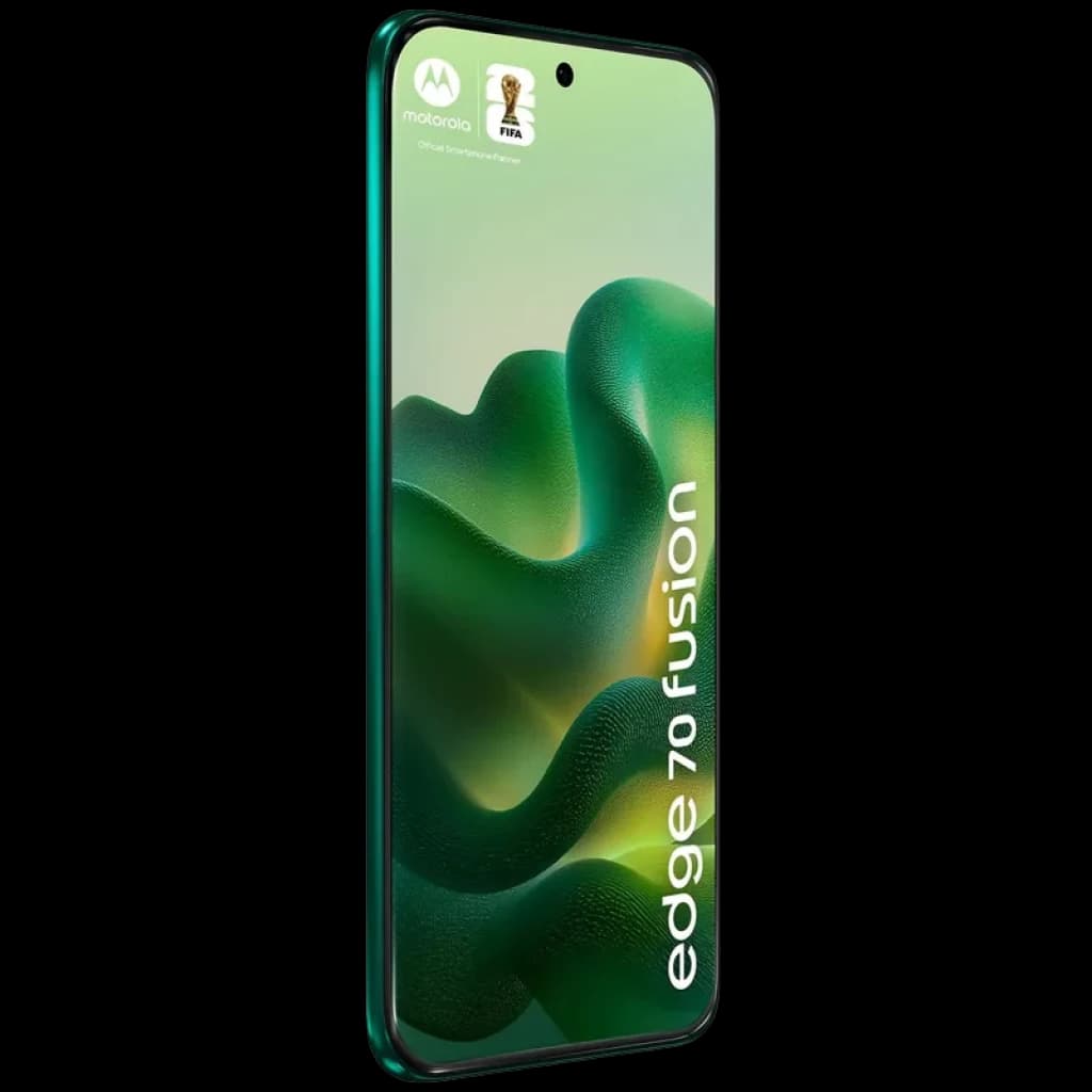 Smartphone Motorola Moto Edge 70 Fusion verde PANTONE Sporting Green, pantalla curva sin marcos, cámara frontal en orificio central y bordes metálicos