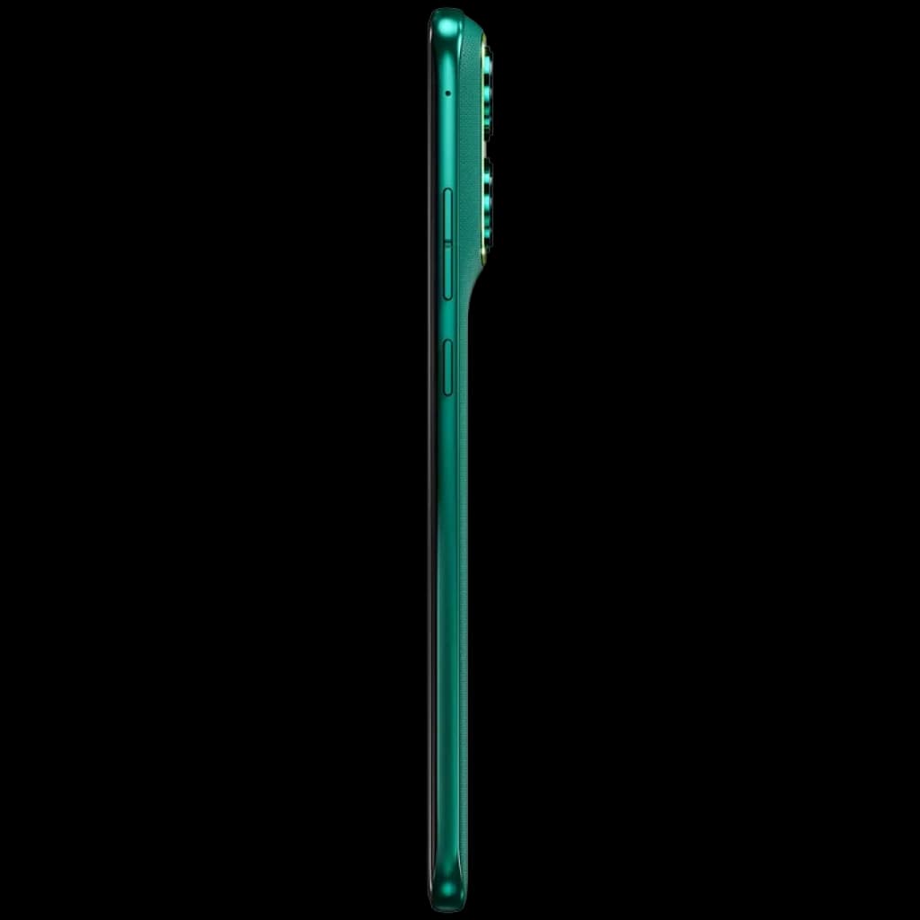 Lateral del Motorola Moto Edge 70 Fusion en verde PANTONE Sporting Green, perfil ultrafino con botones de volumen y encendido y módulo de cámara sobresaliente