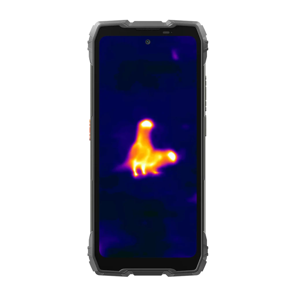 Oscal Pilot 6 preto robusto com 256 GB, 12 GB RAM, módulo de câmara dupla e lente térmica; ecrã mostrando imagem térmica em alta definição - Item1