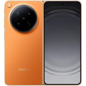 Oppo Find N6 5G orange pétale, dos mat avec triple module caméra 50 Mpx circulaire, écran large bord fin, contours dorés élégants, design premium