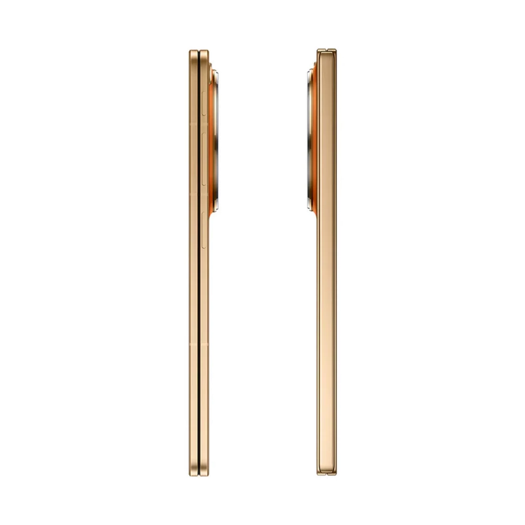 Oppo Find N6 5G orange pétale, dos mat avec triple module caméra 50 Mpx circulaire, écran large bord fin, contours dorés élégants, design premium - Ítem7