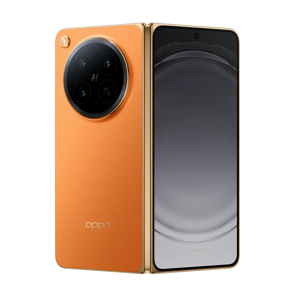 Oppo Find N6 5G orange pétale, dos mat avec triple module caméra 50 Mpx circulaire, écran large bord fin, contours dorés élégants, design premium - Ítem4