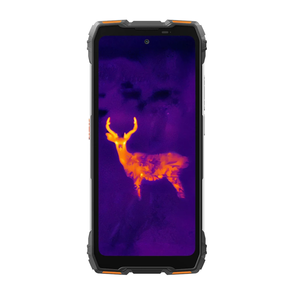 Oscal Pilot 6 laranja robusto com ecrã FullHD+, módulo de câmeras saliente, grelhas metálicas, bordas reforçadas e visor térmico exibindo cervo em - Item1