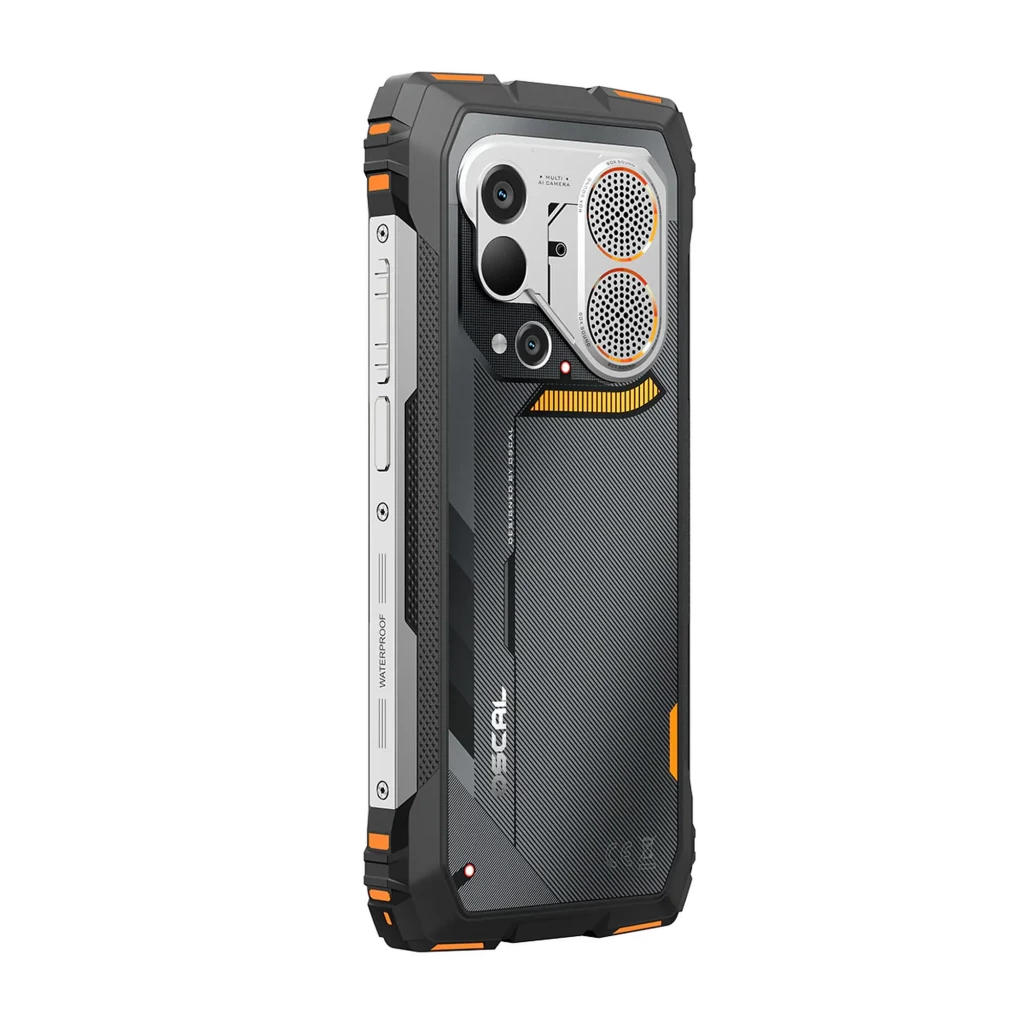 Oscal Pilot 6 laranja robusto com ecrã FullHD+, módulo de câmeras saliente, grelhas metálicas, bordas reforçadas e visor térmico exibindo cervo em - Item6